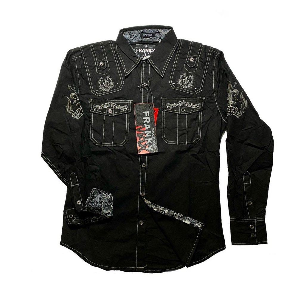 Franky Max Men’s Embroidered w/ Paisley Trims Long Sleeve Shirt Size M Black
